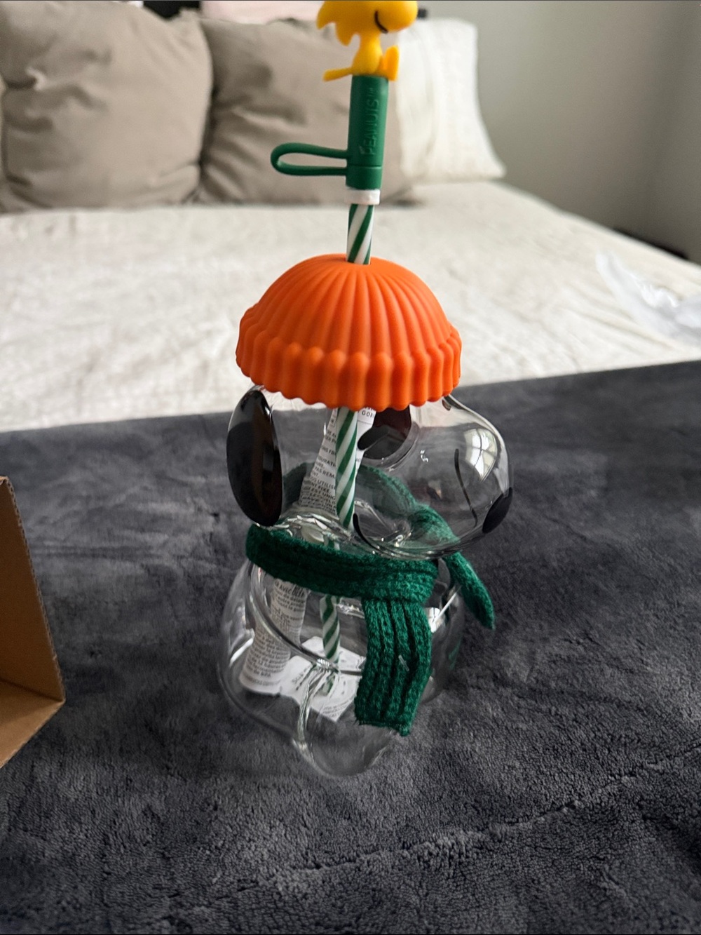Starbucks Peanuts Snoopy glass Drink cup with Woodstock straw with Green Scarf